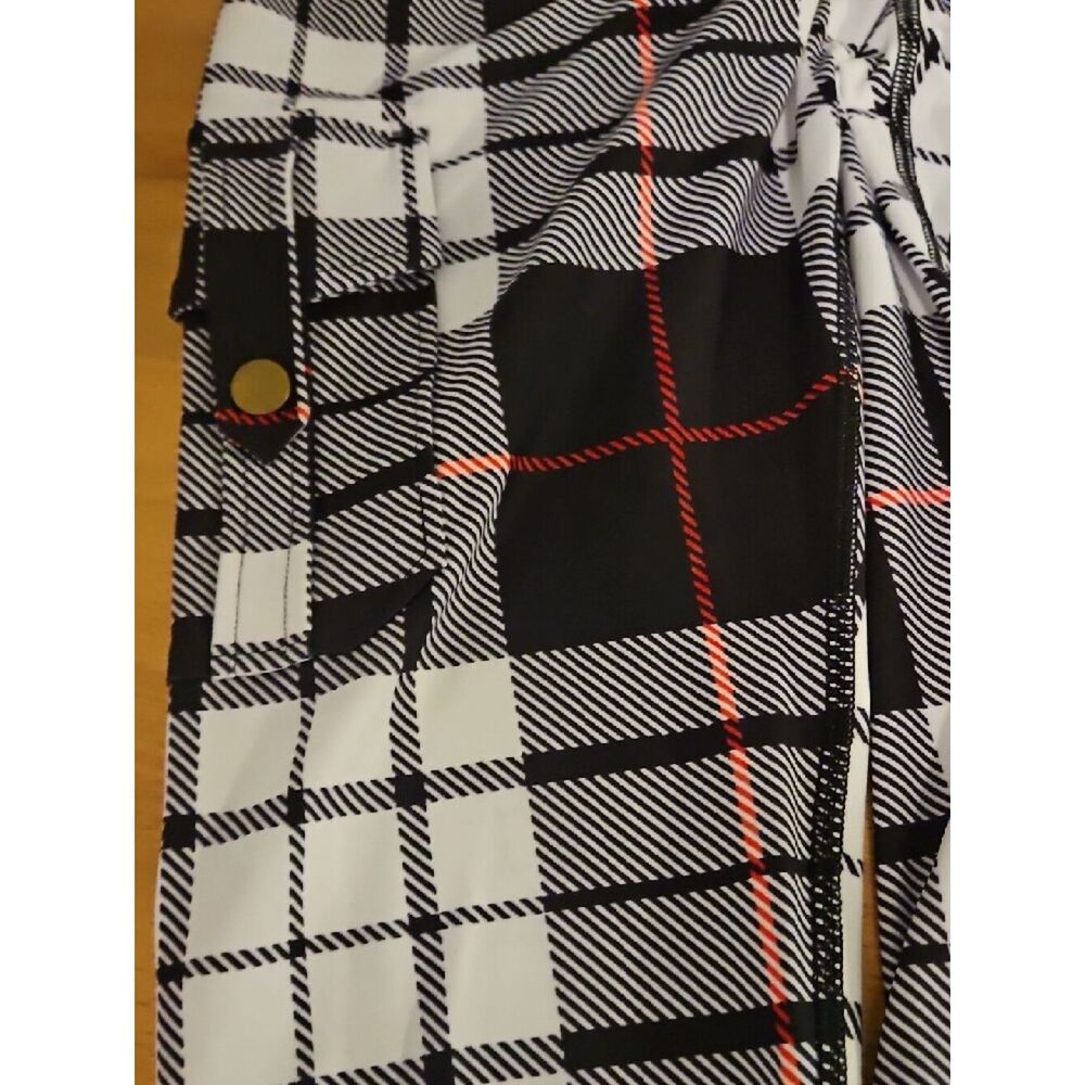 Minibeast XL Black & White Plaid Leggings with Red Stripe XL - Picture 4 of 7